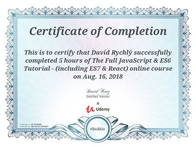 Certifikát - The Full JavaScript & ES6 Tutorial - (including ES7 & React) - Udemy